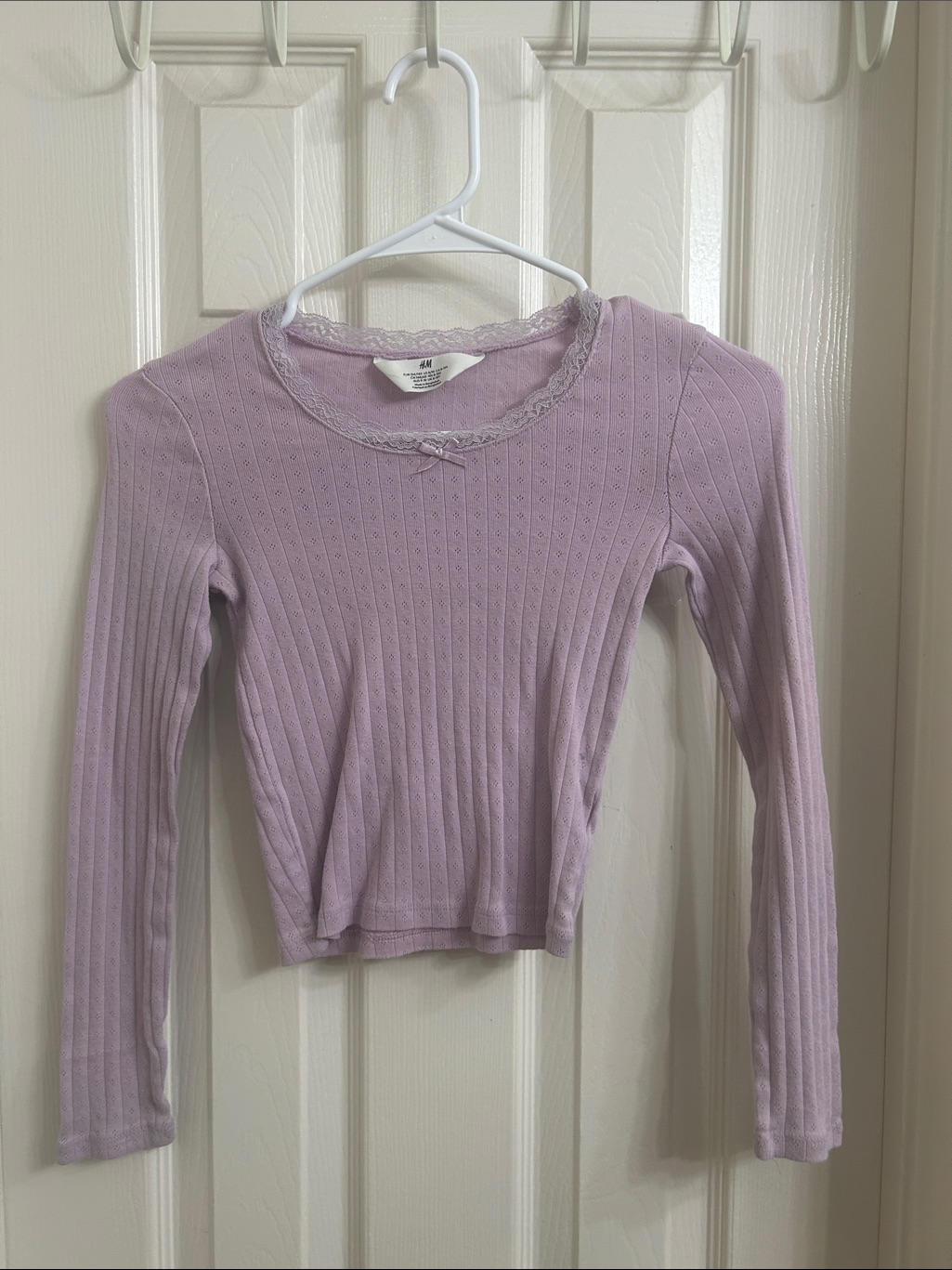 H&M Lilac Ribbed Lace-Trim Long Sleeve Crop Top